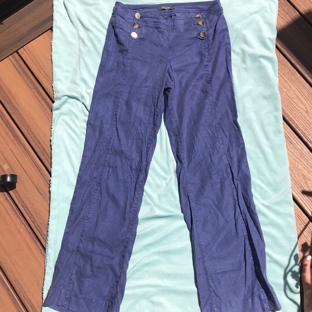 Blue Linen Wide Leg Trousers Sailor Button